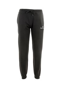Pantalones de chándal negros hechos de una tela suave, con una cinturilla elástica y cordón, puños acanalados y un pequeño logo en la parte frontal.