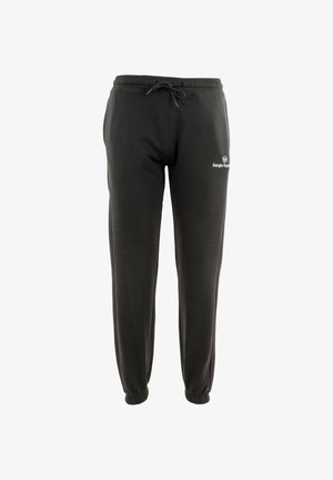 Zwarte trainingsbroek van zachte stof, met een elastische tailleband en een trekkoord, geribbelde boorden en een klein logo aan de voorkant.