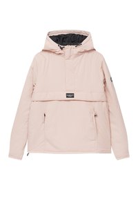 Helles rosa Pullover-Jacke mit schwarzem Kapuzenrand, zwei Fronttaschen und seitlichen Reißverschlüssen. Hergestellt aus einem weichen, glatten Stoff; mit Markenetikett auf der Brust.