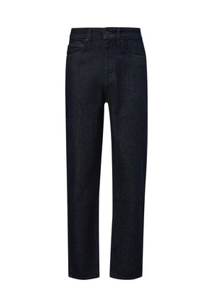 Donkerblauwe denim jeans met een rechte snit, vijf zakken, riemlussen en een enkele knoopsluiting. Gelaagd materiaal met minimale vervaging.
