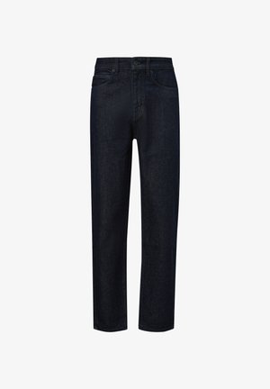 Tumed sinine denim teksad sirge lõikega, viie-tasku disain, vöökohad ja üks nupuvajutus. Tekstureeritud kangas, millel on minimaalne kulumine.