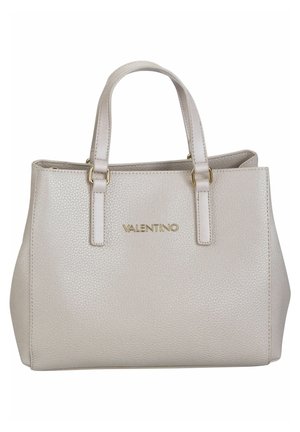 Lichtgrijze, getextureerde leren Valentino-handtas met twee handvatten en goudkleurige logo- en hardware-accenten.