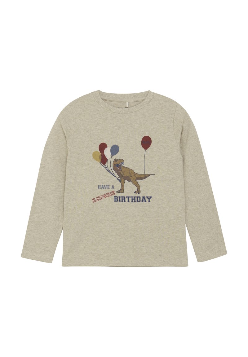 Lichtgrijze lange mouwen t-shirt van katoen, met een dinosaurusafbeelding, ballonnen en de tekst "Heb een Rawrsome Verjaardag" in kleurrijke lettertypes.