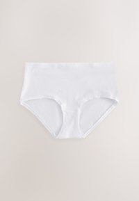 Slip blanc en coton avec une texture lisse, une taille haute et une large ceinture. Aucune décoration ni motif visible.
