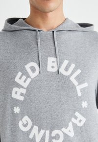 Šedá mikina s kapucí z měkkého materiálu, s kulatým bílým grafickým vzorem a nápisem "RED BULL RACING" a šňůrkami na límci.