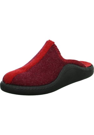 Red and burgundy felt slip-on slipper with a black rubber sole. Features stitched detailing along the edge and a rounded toe.