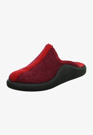 Red and burgundy felt slip-on slipper with a black rubber sole. Features stitched detailing along the edge and a rounded toe.