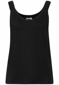 Black tank top with a v-neck, wide shoulder straps, and a smooth texture. Features gathered details at the strap for added design.