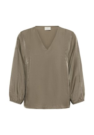 Olijfgroen V-halsblouse met lange poffende mouwen, gemaakt van een gladde, zachte stof. Eenvoudig ontwerp, zonder zichtbare patronen of versieringen.