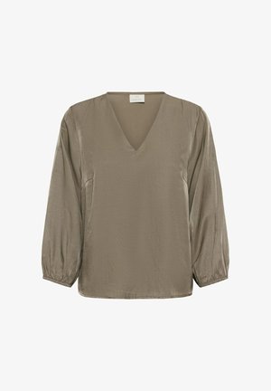 Olijfgroen V-halsblouse met lange poffende mouwen, gemaakt van een gladde, zachte stof. Eenvoudig ontwerp, zonder zichtbare patronen of versieringen.