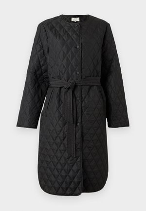 Must tikanditega vooderdatud mantel ümmarguse kaelusega, nööpidega kinnituv, pika varrukaga, vöökohaga ja küljetaskutega. Ühtlane sile tekstuur.