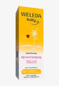 Weleda Baby Gesichtscreme-Verpackung, gelb mit weißem und pinkem Text, zeigt eine Darstellung von einem Marienkäfer und einer Blume, was auf parfumfreie, natürliche Inhaltsstoffe hinweist.