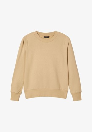 Sweat-shirt beige en tissu doux, doté d'un col rond, de manches longues et de poignets côtelés. Design simple sans motifs ou graphiques visibles.