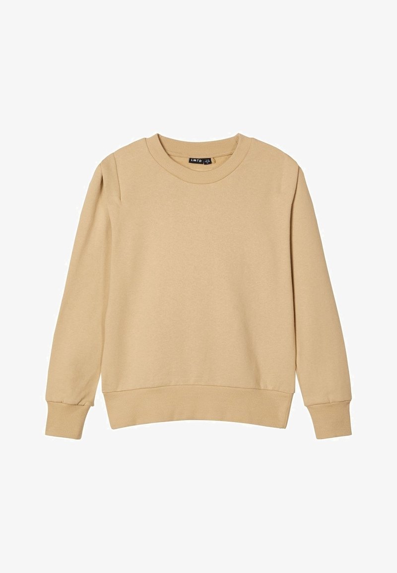 Sweat-shirt beige en tissu doux, doté d'un col rond, de manches longues et de poignets côtelés. Design simple sans motifs ou graphiques visibles.