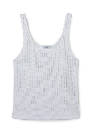 Débardeur blanc sans manches avec un motif tricoté texturé et respirant. Encolure ronde et ourlet droit, sans embellissements supplémentaires.