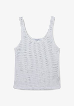 Canotta bianca senza maniche con un motivo a maglia traspirante e testurizzato. Collo rotondo e orlo dritto, senza ulteriori decorazioni.