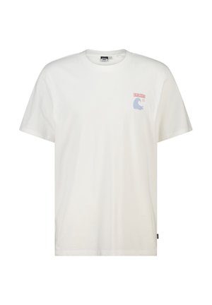 T-shirt blanc à manches courtes avec un petit texte rose "HORIZON" et un graphisme de vague bleue sur le côté gauche de la poitrine.