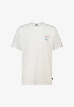 Witte T-shirt met korte mouwen, voorzien van kleine roze tekst "HORIZON" en een blauwe golfafbeelding op de linkerborst.