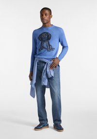Blauer Strickpullover mit Hundegrafik, über einem gestreiften Hemd gebunden in der Taille. Tragen mit blauen Jeans und Sportschuhen.