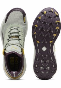 Light gray athletic shoes with textured upper, purple and yellow accents, and a rugged purple sole designed for traction.
