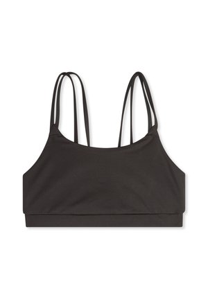 Top sportivo nero con sottili spalline regolabili, una texture liscia e scollatura quadrata. Presenta una fascia ampia nella parte inferiore per il supporto.