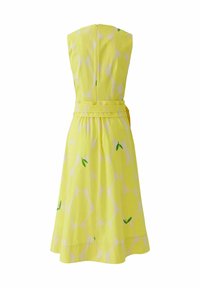 Strapless yellow dress with lemon print, fitted waist belt, and flared midi skirt, shown from the back on a white background.