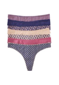 Fünf Paare Damenunterwäsche in verschiedenen Farben: navy, rosa, puder, mit Spitze und Blumenmustern sowie glattem Stoff. More