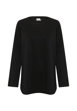 Top negro de manga larga hecho de una tela suave, con un escote redondo y un corte holgado con aberturas laterales en el dobladillo. Sin patrones visibles.