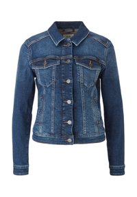 Blå jeansjacka med klassisk design, två bröstfickor, silverknappar och kontrastsömmar. Har en spetsig krage och långa ärmar.