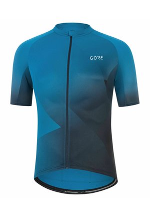 Maillot de cyclisme à manches courtes dans des tons bleus avec une fermeture éclair à l'avant et un logo "GORE" sur la poitrine.