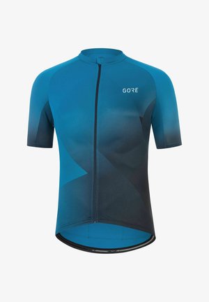 Maillot de cyclisme à manches courtes dans des tons bleus avec une fermeture éclair à l'avant et un logo "GORE" sur la poitrine.