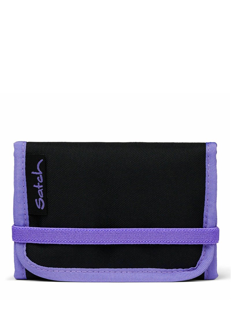 Black fabric wallet featuring a lavender trim, highlighted with a logo tag. Compact design with a simple fold-over closure.