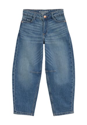 Blå denim jeans med afslappet pasform, for- og baglommer, kobberknapper og knæsyninger, mærket Blue Ridge barrel 122.