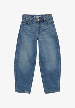 Jean en denim bleu à coupe décontractée, poches avant et arrière, boutons en cuivre et coutures aux genoux, étiqueté Blue Ridge barrel 122.