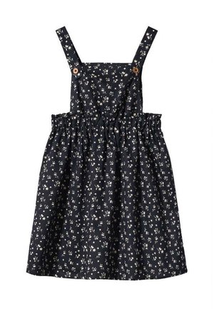 Mørkeblå ærmeløs kjole med hvidt blomstermønster, draperet talje og skulderstropper fastgjort med træknapper.