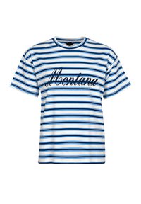 Camiseta de manga corta a rayas en blanco y tonos de azul. Presenta un script que dice "Montana" en azul oscuro en el frente. Fabricada en tela de algodón.
