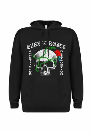Sudadera negra con un gráfico de calavera rodeado de enredaderas verdes y una rosa roja. El texto dice "GUNS N' ROSES" y "APPETITE FOR DESTRUCTION."
