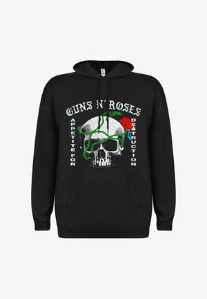 Felpa nera con un grafico di teschio, circondato da viti verdi e una rosa rossa. Il testo recita "GUNS N' ROSES" e "APPETITE FOR DESTRUCTION."