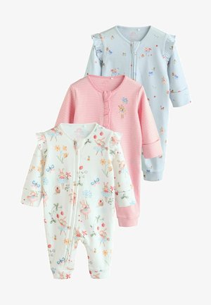 Tre tutine per neonati in morbido cotone: bianca con stampa floreale e di coniglietto, a righe rosa e azzurro chiaro con dettagli floreali. Maniche con volant.