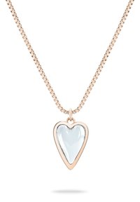 Roséguld halskæde med et hjerteformet vedhæng, der har en gennemsigtig lys blå midte og metalramme, på en slank kæde.