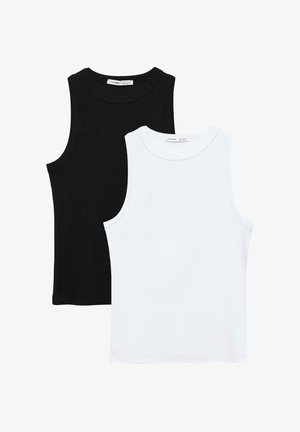 Két ujjatlan, kerek nyakú trikó, az egyik egyszínű fekete, a másik egyszínű fehér, fehér háttéren laposan elrendezve.