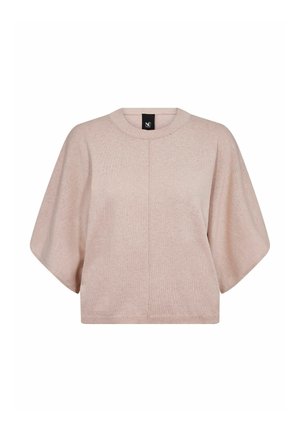 Maglione corto a maniche corte di colore rosa chiaro, con scollatura rotonda, vestibilità ampia e dettaglio con cucitura centrale. Tessuto morbido e design rilassato.