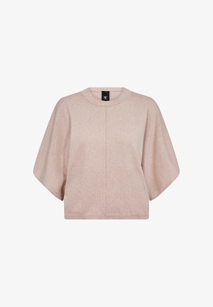 Suéter de punto corto de manga con cuello redondo en rosa claro, de corte holgado y con detalle de costura central. Textura suave y diseño relajado.