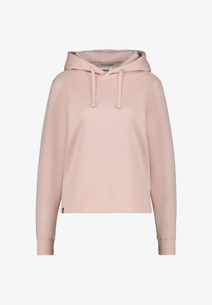 Felpa rosa chiaro con cappuccio regolabile, maniche lunghe, polsini a coste e design accorciato. Texture morbida e costruzione semplice.