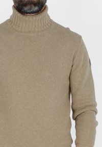 Maglione beige a collo alto realizzato in un morbido tessuto a maglia testurizzato. Presenta un colletto e dei polsini a coste, senza dettagli di design prominenti.