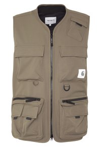 Khaki verktygsväst med hög krage, främre dragkedja, flera fickor, inklusive två stora framfickor och två zip-fickor.