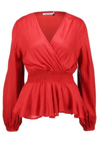 Rød bluse med lange ærmer, smocked talje og flared kant. Lavet af glat stof med en dyb V-hals design.