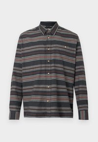 Męska koszula z długim rękawem, zapinana na guziki, w poziome paski w kolorach czarnym, brązowym, szarym i rdzy, z kieszonką na piersi i klasycznym kołnierzykiem.