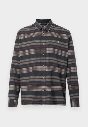 Men’s long-sleeve button-up shirt with horizontal stripes in black, brown, gray, and rust, featuring a chest pocket and classic collar.
