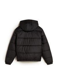 Svart puffjacka med huva, med ett kviltat mönster, elastiska ärmslut och cropped nederdel. Slät textur och lätt material.